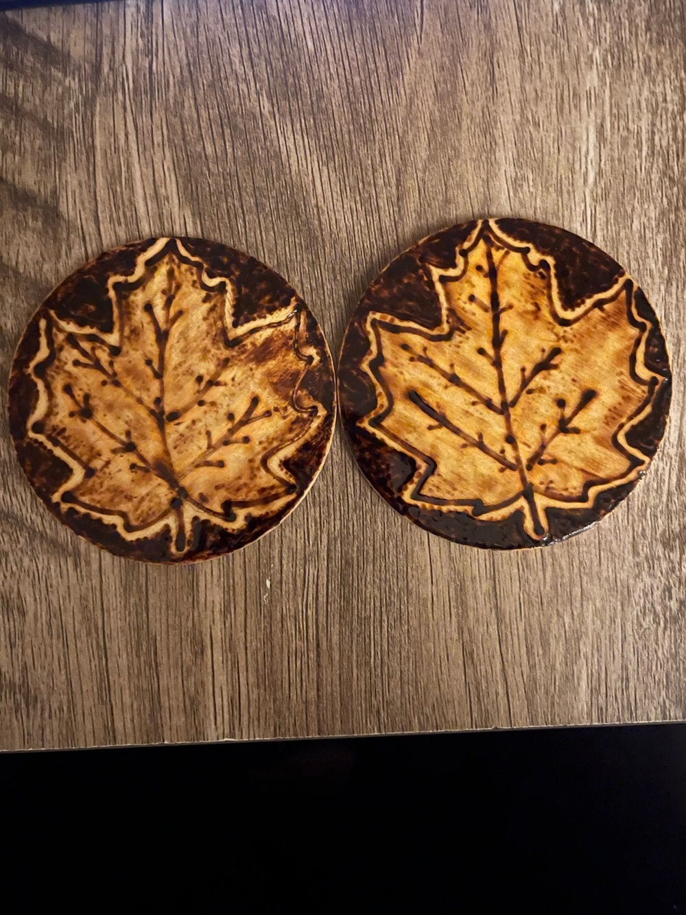 Handmade Brown and Tan Maple Leaf Drink Coasters - Set of 2